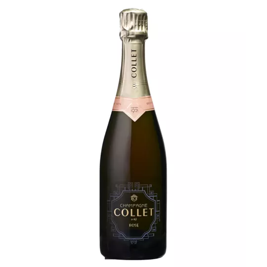 Bottiglia di Champagne Collet Brut Rosé 75cl, vista frontale, etichetta nera e tappo dorato