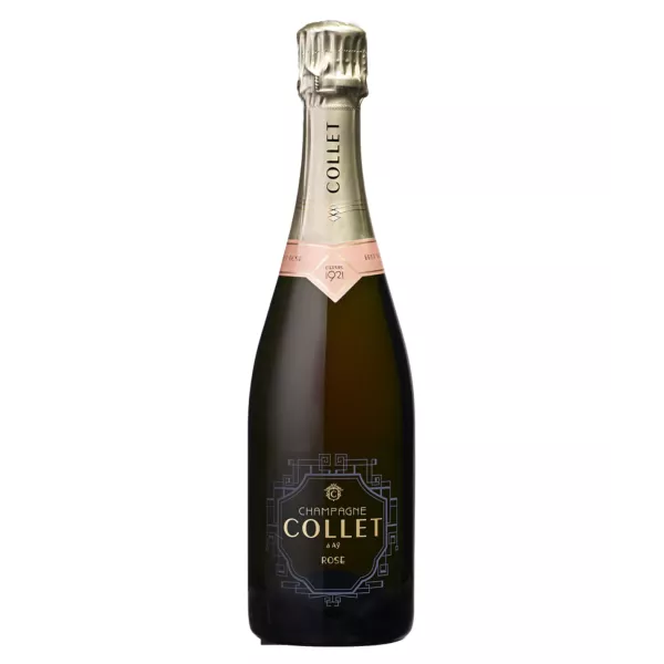 Bottiglia di Champagne Collet Brut Rosé 75cl, vista frontale, etichetta nera e tappo dorato