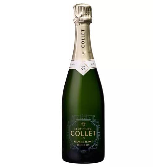 Bottiglia di Champagne Collet Blanc de Blancs Premier Cru 100% Chardonnay, un'elegante cuvée brut prodotta con uve della Côte de