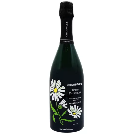 Bottiglia di Champagne Baron Dauvergne Fine Fleur Blanc de Noirs in formato Magnum, etichetta floreale, vista frontale.