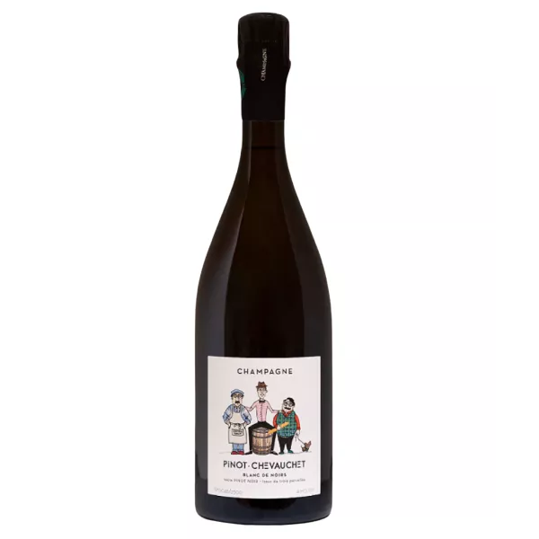 Bottiglia di Champagne Pinot Chevauchet Blanc de Noirs Extra-Brut, vista frontale