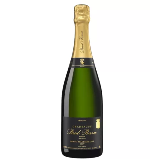 Bottiglia di Champagne Paul Bara Grand Millésime 2018, etichetta nera e oro, vista frontale
