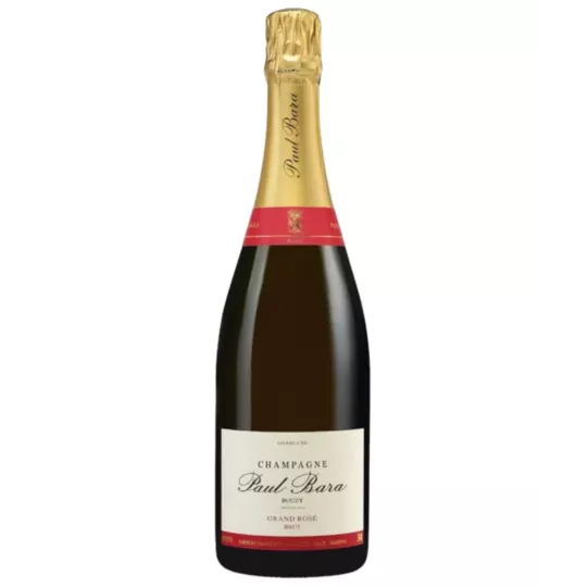 Bottiglia di Champagne Paul Bara Grand Rosé, etichetta bianca e tappo dorato, vista frontale