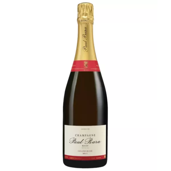 Bottiglia di Champagne Paul Bara Grand Rosé, etichetta bianca e tappo dorato, vista frontale