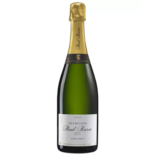 Bottiglia di Champagne Paul Bara Extra Brut Grand Cru, vista frontale, etichetta bianca, tappo dorato