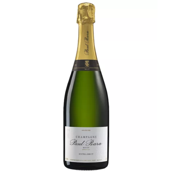 Bottiglia di Champagne Paul Bara Extra Brut Grand Cru, vista frontale, etichetta bianca, tappo dorato