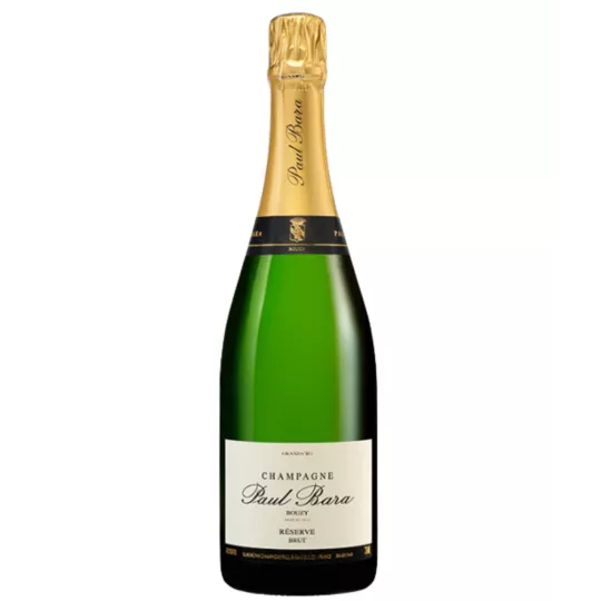 Bottiglia di Champagne Paul Bara Brut Réserve, etichetta bianca e oro, vista frontale