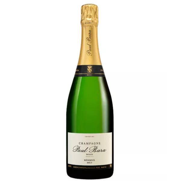 Bottiglia di Champagne Paul Bara Brut Réserve, etichetta bianca e oro, vista frontale