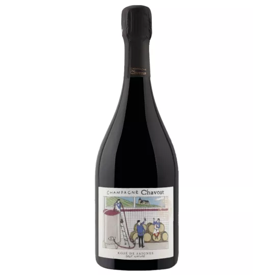 Bottiglia di Champagne Chavost Rosé de Saignée Brut Nature, vista frontale, etichetta illustrata