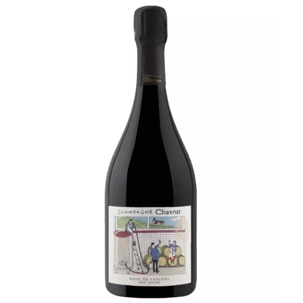 Bottiglia di Champagne Chavost Rosé de Saignée Brut Nature, vista frontale, etichetta illustrata