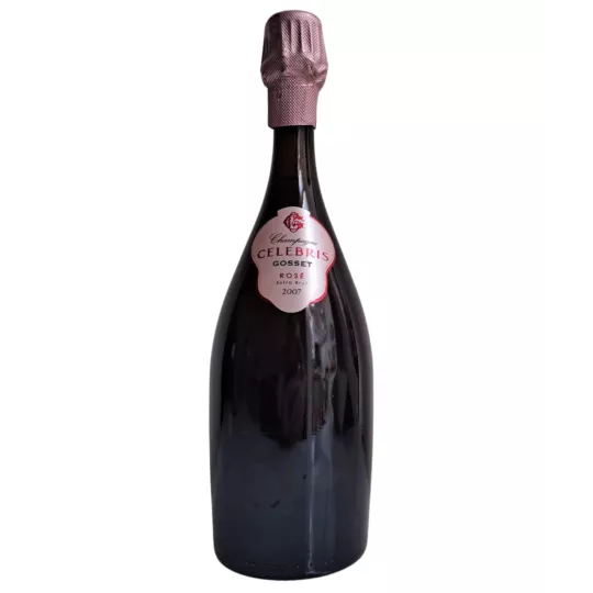 Bottiglia di Champagne Gosset Célébris 2007 Rosé, vista frontale, tappo rosa