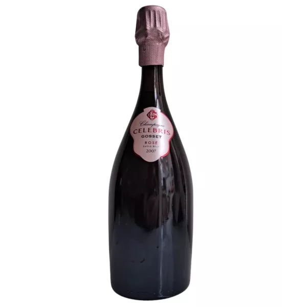 Bottiglia di Champagne Gosset Célébris 2007 Rosé, vista frontale, tappo rosa