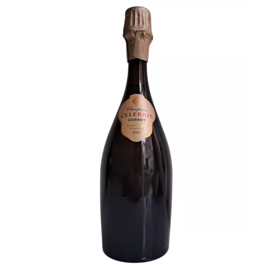 Bottiglia di Champagne Gosset Célébris 2007 Extra-Brut, vista frontale, etichetta dorata su sfondo nero