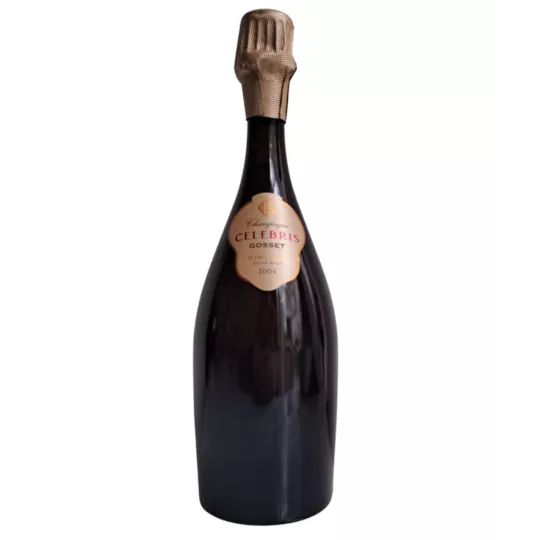 Champagne Gosset Célébris Millésime 2004 Extra-Brut, elegante bottiglia vista da davanti