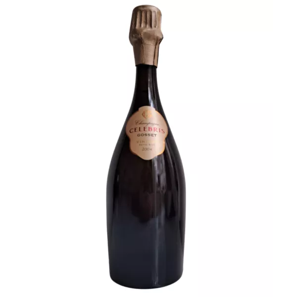 Champagne Gosset Célébris Millésime 2004 Extra-Brut, elegante bottiglia vista da davanti