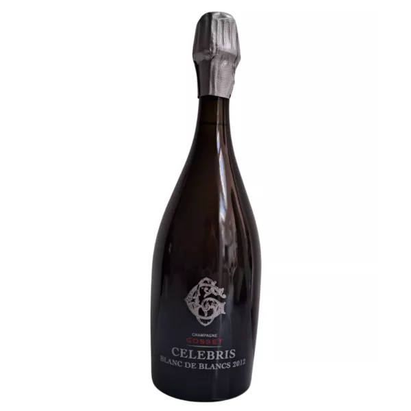 Bottiglia di Champagne Gosset Célébris Blanc de Blancs 2012, vista frontale