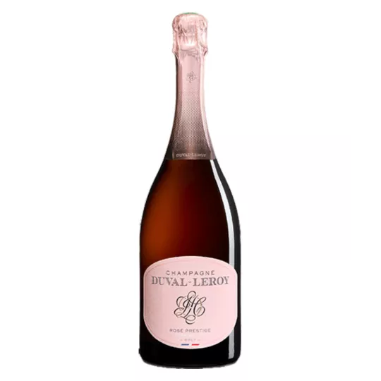 Bottiglia di Champagne Duval-Leroy Brut Rosé Prestige Premier Cru, vista frontale