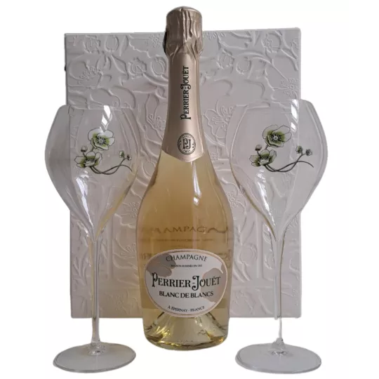 Bottiglia di champagne Perrier-Jouët Blanc de Blancs 75cl con due flutes, vista frontale