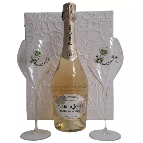 Bottiglia di champagne Perrier-Jouët Blanc de Blancs 75cl con due flutes, vista frontale