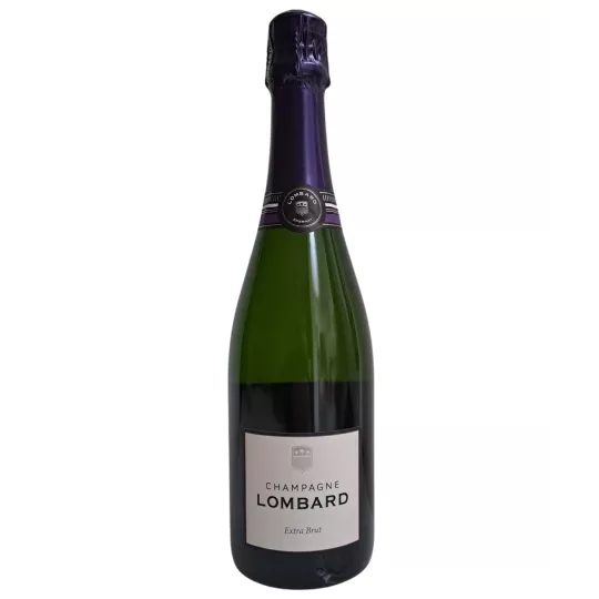 Bottiglia di Champagne Lombard Cuvée Signature Extra-Brut, tappo viola, etichetta bianca, vista anteriore