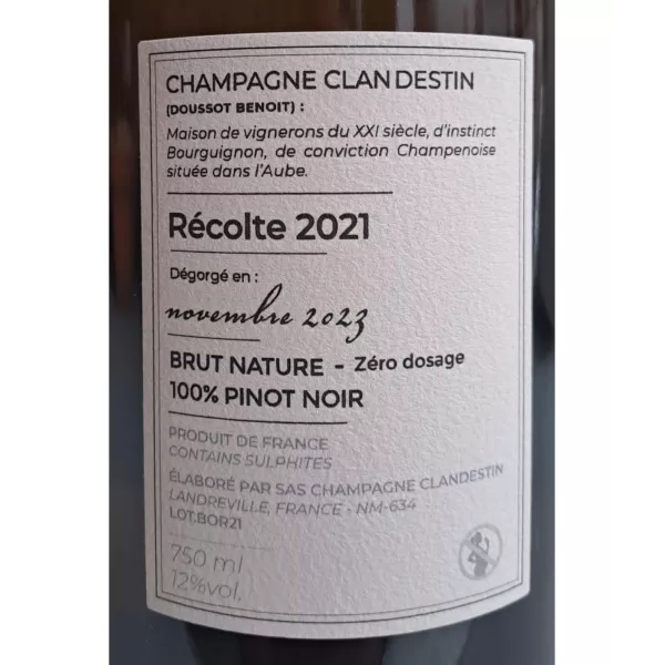 Etichetta della bottiglia di Champagne Clandestin Boréal 2021