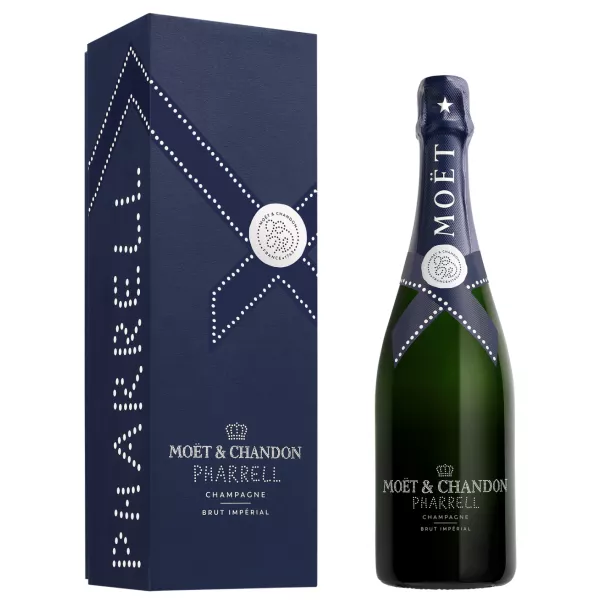 Bottiglia di Champagne Moët & Chandon Brut Impérial Édition Pharrell Williams, vista frontale, con astuccio esclusivo