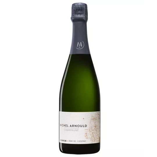 Bottiglia di Champagne Michel Arnould Observation Grand Cru, vista frontale, etichetta nera e oro