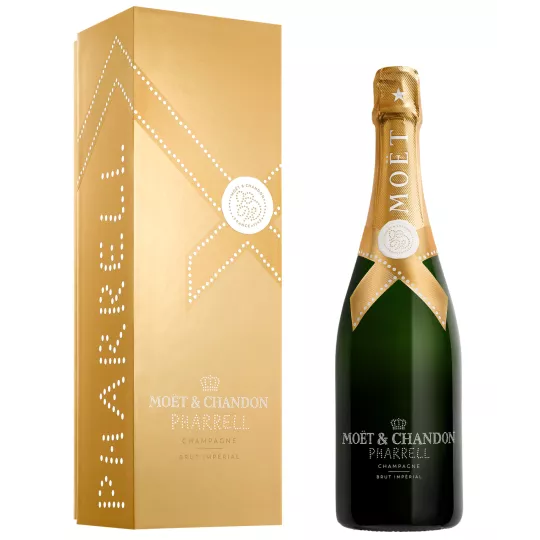Bottiglia di Champagne Moët & Chandon Brut Impérial Limited Edition Pharrell Williams Gold, vista frontale