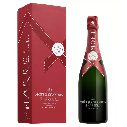 Bottiglia di Champagne Moët & Chandon x Pharrell Williams Limited Edition Brut Impérial, rosso bordeaux, vista frontale