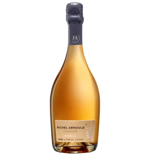 Champagne Michel Arnould Rosé Saignée 2018, bottiglia trasparente, colore rosa intenso, vista frontale