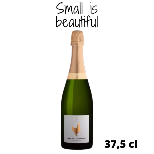 Mezza bottiglia di Champagne Jean de La Fontaine L'Éloquente Brut, vista frontale su sfondo neutro