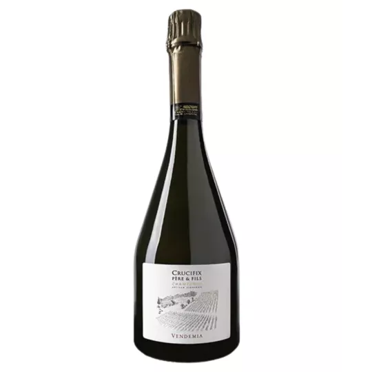 Bottiglia di Champagne Crucifix Vendemia Extra-Brut Premier Cru, 80% Chardonnay, maturato per 60 mesi.