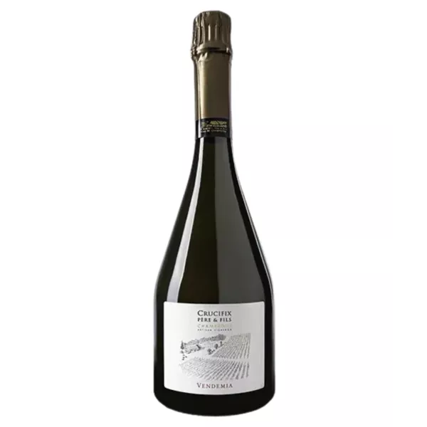 Bottiglia di Champagne Crucifix Vendemia Extra-Brut Premier Cru, 80% Chardonnay, maturato per 60 mesi.