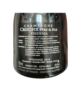 Retroetichetta Bottiglia di Champagne Crucifix Vendemia Extra-Brut Premier Cru, 80% Chardonnay, invecchiato 60 mesi.