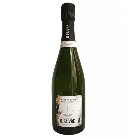 Retroetichetta della bottiglia di Champagne R.Faivre Les Champs de Romy - Blanc de Blancs Extra Brut