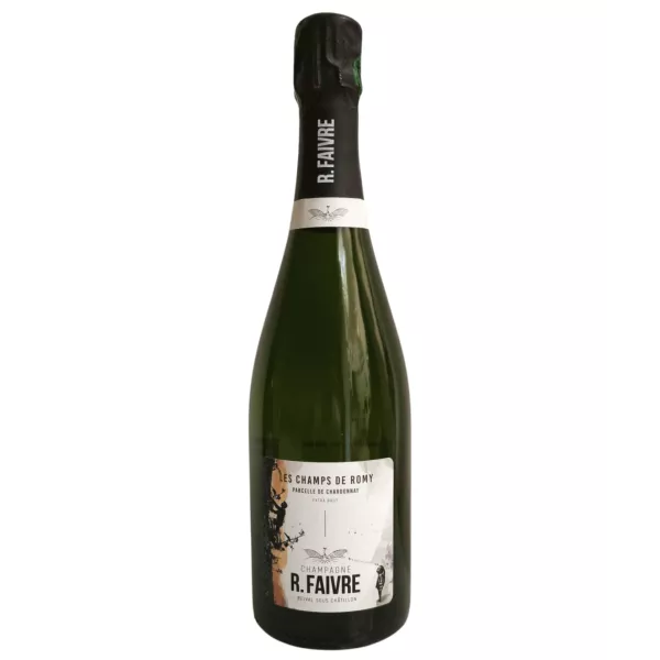 Retroetichetta della bottiglia di Champagne R.Faivre Les Champs de Romy - Blanc de Blancs Extra Brut