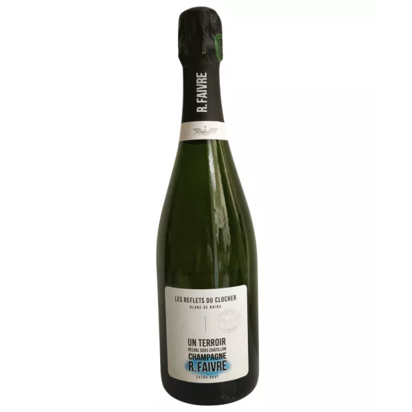 Bottiglia di Champagne R.Faivre Les Reflets du Clocher Extra Brut, etichetta bianco-nera, 750 ml.