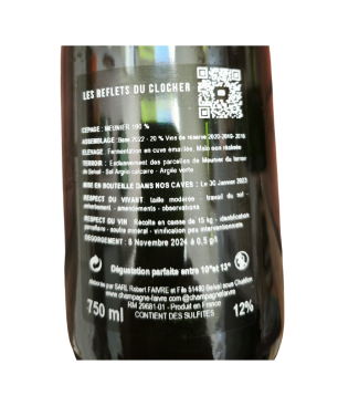 Retroetichetta Bottiglia di Champagne R.Faivre Les Reflets du Clocher Extra Brut, etichetta bianco-nera, 750 ml.