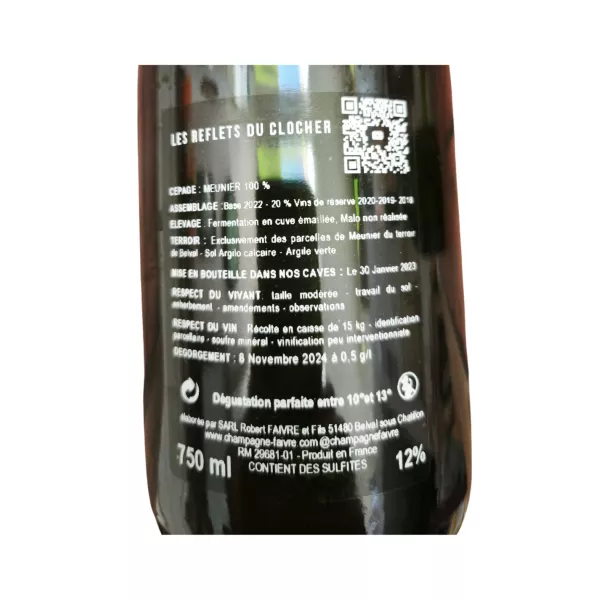 Retroetichetta Bottiglia di Champagne R.Faivre Les Reflets du Clocher Extra Brut, etichetta bianco-nera, 750 ml.
