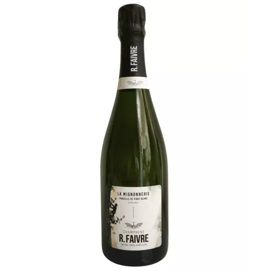 Bottiglia di Champagne R. Faivre La Mignonnerie extra brut su fondo chiaro