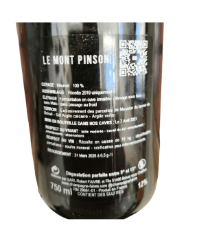 Retroetichetta della bottiglia di Champagne R.Faivre Le Mont Pinson - Pinot Meunier, colore rosa, cuvée extra-brut.