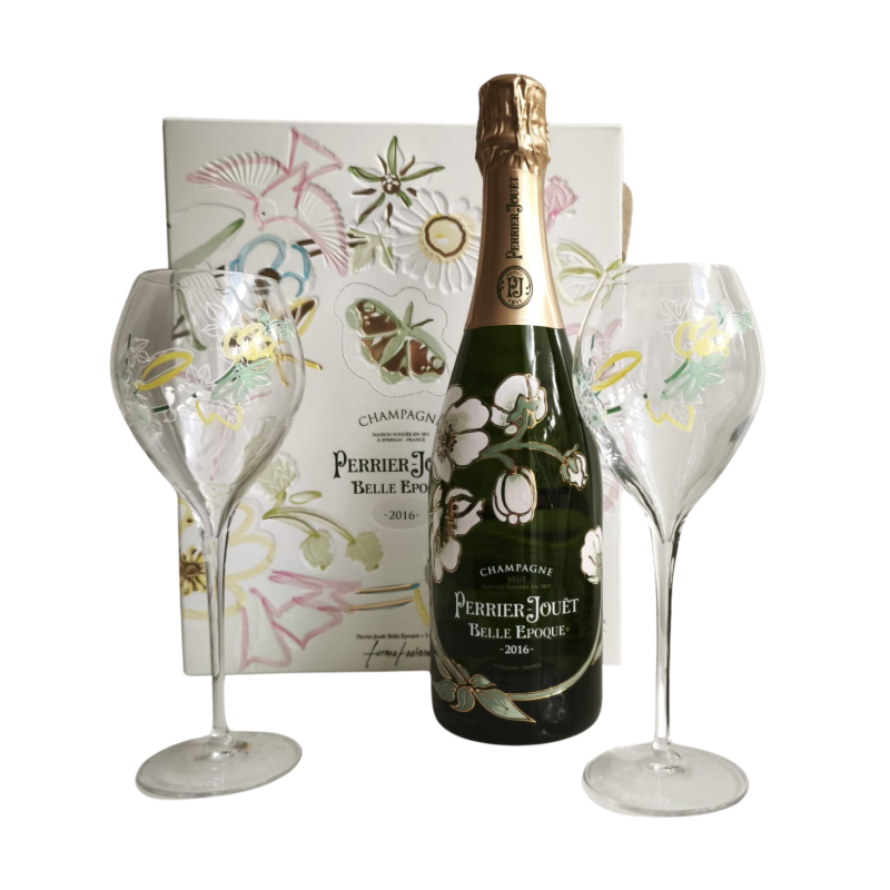 Set regalo champagne PERRIER JOUET Belle Epoque Annata 2016 con 2 bicchieri