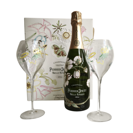 Set regalo champagne PERRIER JOUET Belle Epoque Annata 2016 con 2 bicchieri