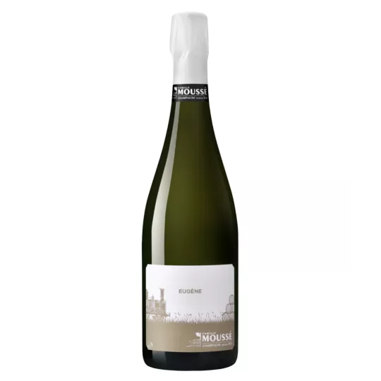Bottiglia di Champagne Moussé Fils L'Or d’Eugène con etichetta nera e oro
