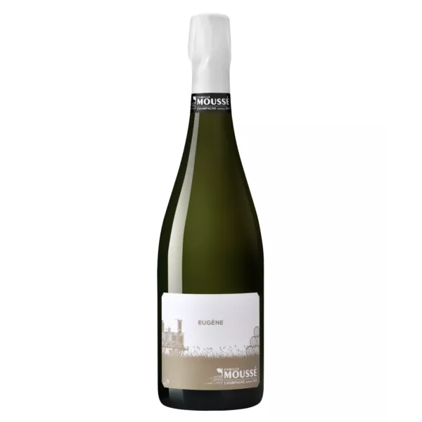 Bottiglia di Champagne Moussé Fils L'Or d’Eugène con etichetta nera e oro