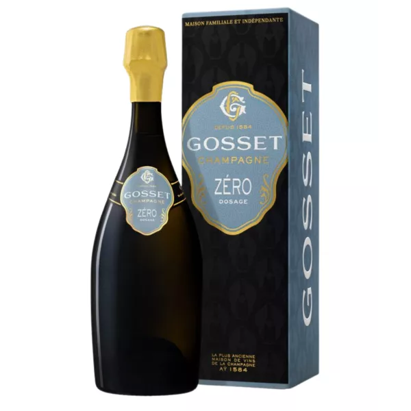 Bottiglia di Champagne Gosset Zéro Dosage - Cuvée senza zuccheri aggiunti, 62% Chardonnay e 38% Pinot Nero