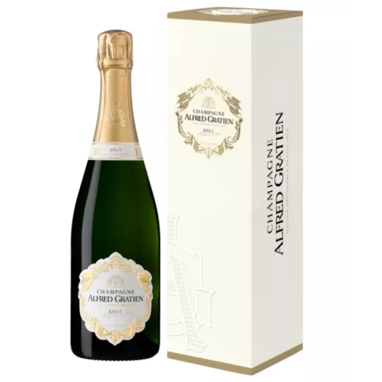 Bottiglia di Champagne Alfred Gratien Brut Classique - una cuvée ottenuta da uve Chardonnay, Pinot Noir e Meunier, vinificate in