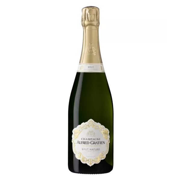 Bottiglia di Champagne Alfred Gratien Brut Nature, una cuvée a dosaggio zero vinificata in botti di rovere a Épernay.