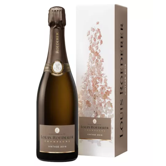 Bottiglia di Champagne Louis Roederer Brut Millésime 2016 - cuvee vintage equilibrata di Pinot Noir e Chardonnay