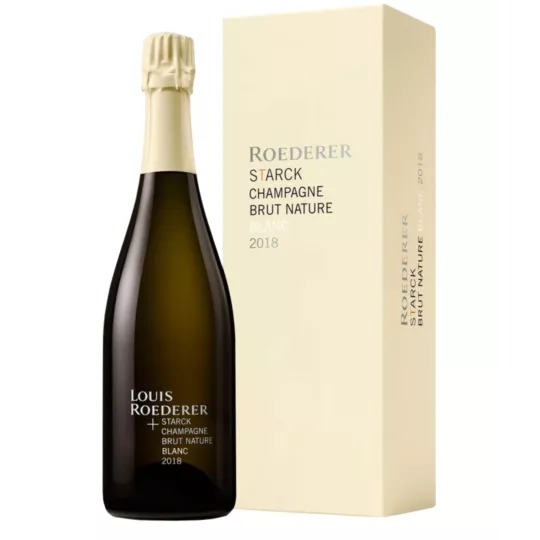 Bottiglia di Champagne Louis Roederer Brut Nature 2018 di Philippe Starck - edizione vintage a dosaggio zero.